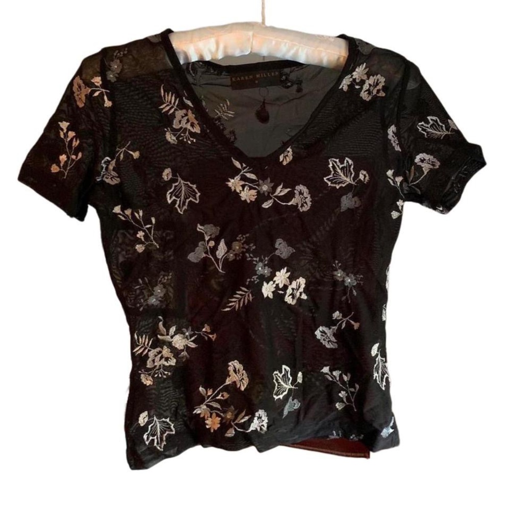 Gorgeous Vintage Karen Millen Sheer Mesh Black Floral Embroidered v neck shirt
